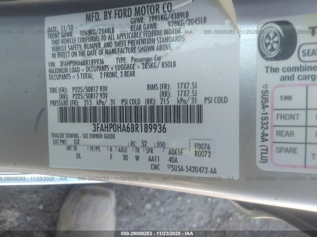 Photo 8 VIN: 3FAHP0HA6BR189936 - FORD FUSION 