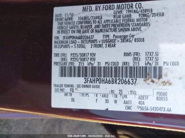 Photo 8 VIN: 3FAHP0HA6BR206637 - FORD FUSION 