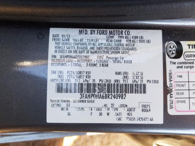 Photo 9 VIN: 3FAHP0HA6BR240982 - FORD FUSION SE 