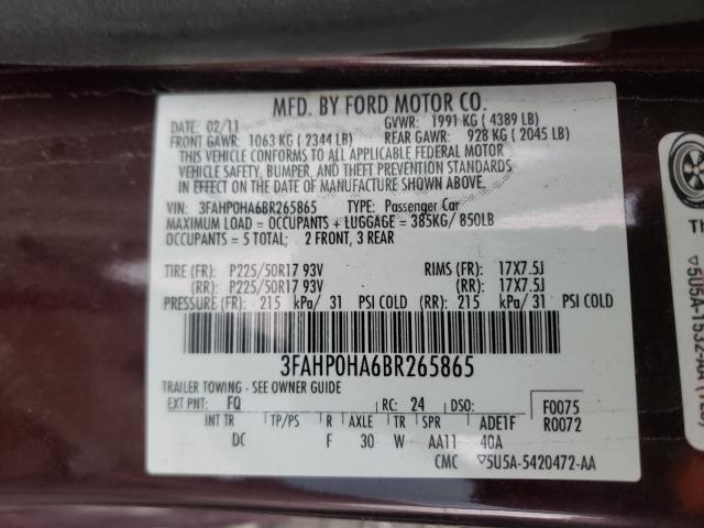 Photo 9 VIN: 3FAHP0HA6BR265865 - FORD FUSION SE 