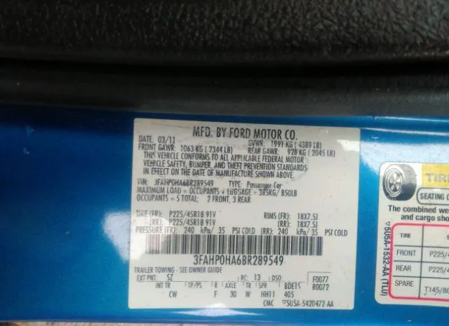 Photo 8 VIN: 3FAHP0HA6BR289549 - FORD FUSION 