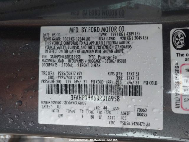 Photo 8 VIN: 3FAHP0HA6BR316958 - FORD FUSION 