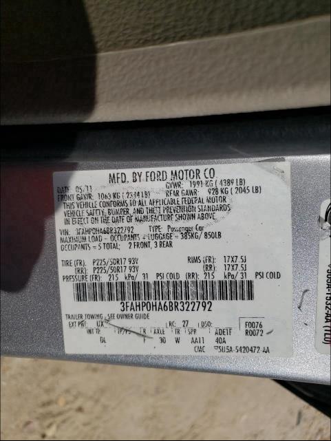 Photo 9 VIN: 3FAHP0HA6BR322792 - FORD FUSION SE 