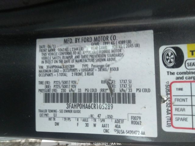 Photo 8 VIN: 3FAHP0HA6CR105289 - FORD FUSION 