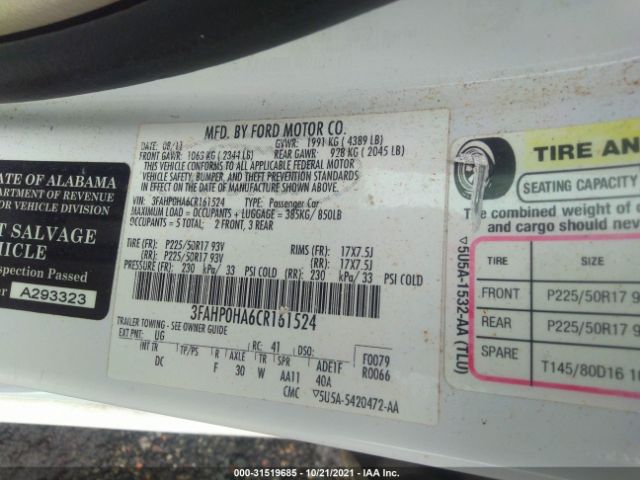 Photo 8 VIN: 3FAHP0HA6CR161524 - FORD FUSION 