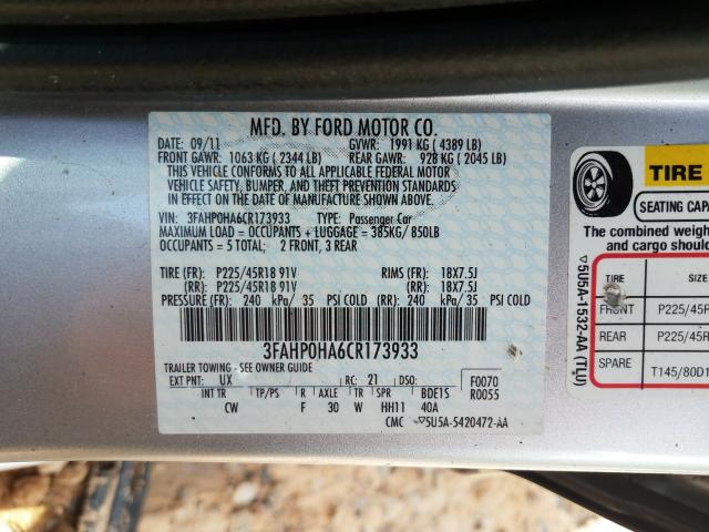 Photo 9 VIN: 3FAHP0HA6CR173933 - FORD FUSION SE 