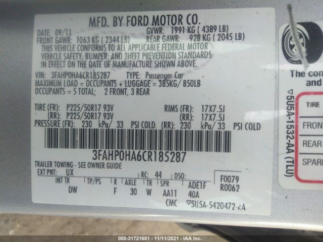 Photo 8 VIN: 3FAHP0HA6CR185287 - FORD FUSION 