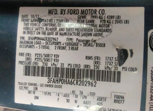 Photo 8 VIN: 3FAHP0HA6CR202962 - FORD FUSION 