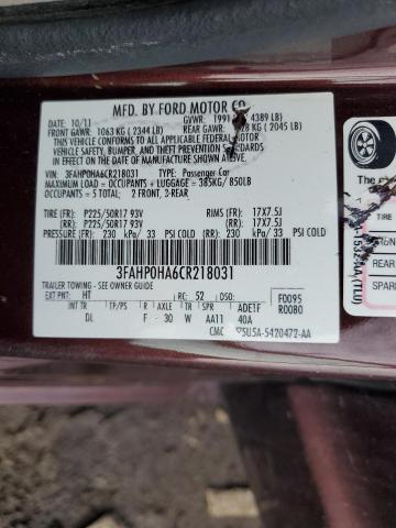 Photo 11 VIN: 3FAHP0HA6CR218031 - FORD FUSION 