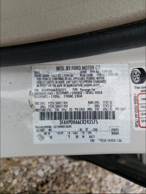 Photo 9 VIN: 3FAHP0HA6CR243575 - FORD FUSION SE 