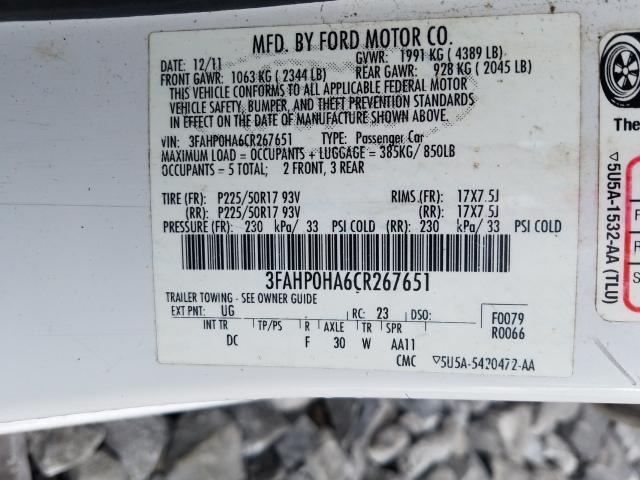 Photo 9 VIN: 3FAHP0HA6CR267651 - FORD FUSION SE 