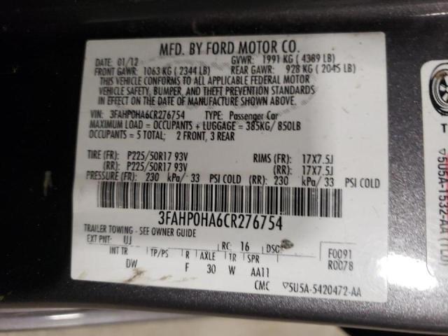 Photo 9 VIN: 3FAHP0HA6CR276754 - FORD FUSION SE 