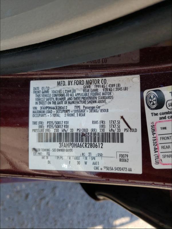 Photo 9 VIN: 3FAHP0HA6CR280612 - FORD FUSION SE 