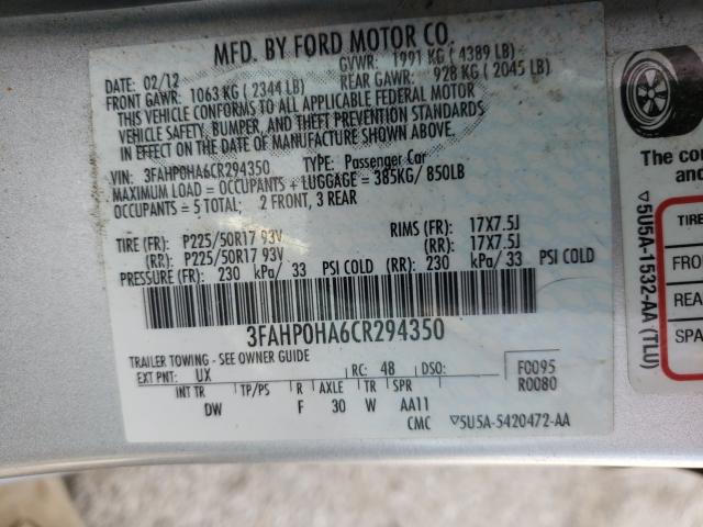 Photo 9 VIN: 3FAHP0HA6CR294350 - FORD FUSION SE 