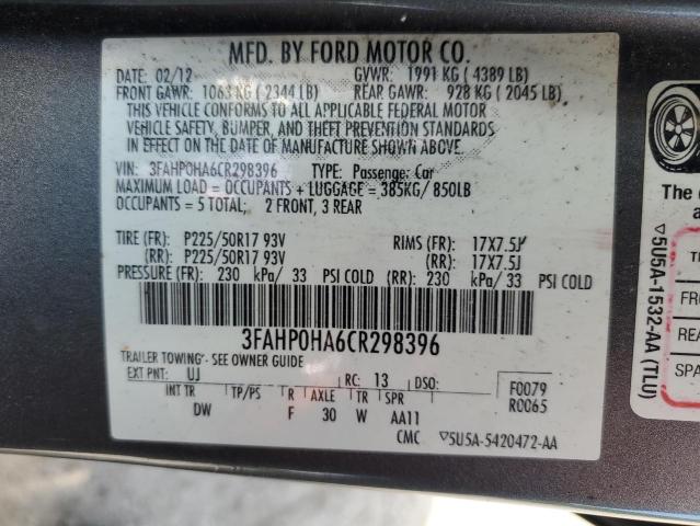 Photo 12 VIN: 3FAHP0HA6CR298396 - FORD FUSION 