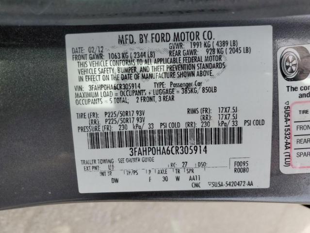 Photo 11 VIN: 3FAHP0HA6CR305914 - FORD FUSION 