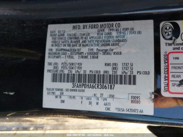 Photo 8 VIN: 3FAHP0HA6CR306187 - FORD FUSION 