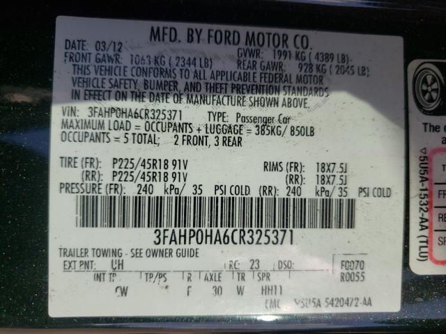 Photo 9 VIN: 3FAHP0HA6CR325371 - FORD FUSION SE 