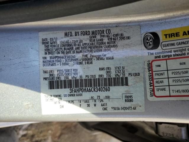 Photo 9 VIN: 3FAHP0HA6CR340260 - FORD FUSION SE 