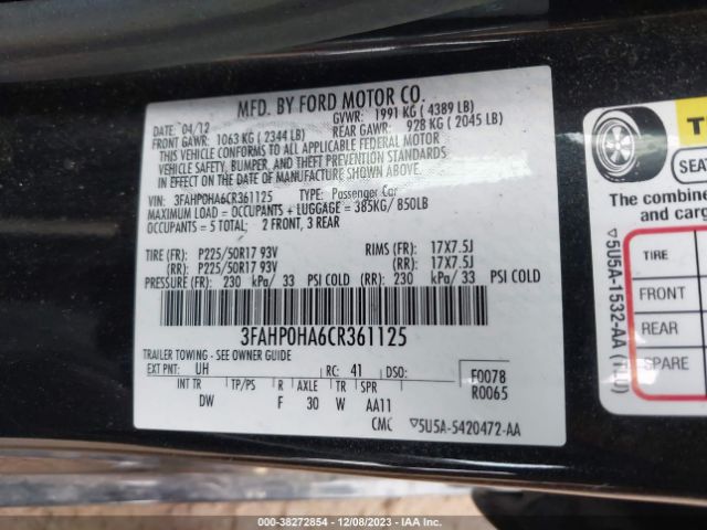 Photo 8 VIN: 3FAHP0HA6CR361125 - FORD FUSION 