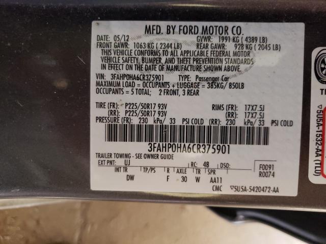 Photo 9 VIN: 3FAHP0HA6CR375901 - FORD FUSION SE 