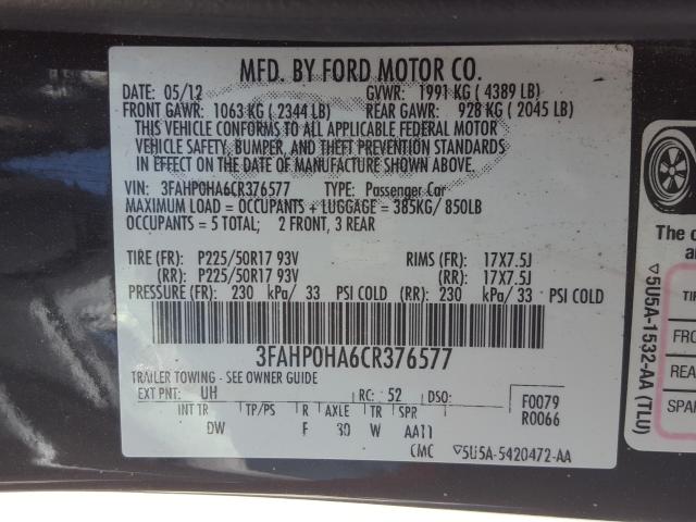 Photo 9 VIN: 3FAHP0HA6CR376577 - FORD FUSION SE 