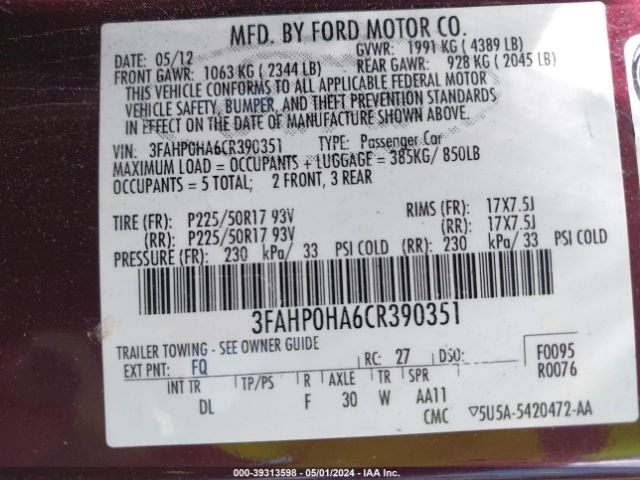 Photo 8 VIN: 3FAHP0HA6CR390351 - FORD FUSION 