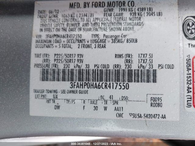 Photo 8 VIN: 3FAHP0HA6CR417550 - FORD FUSION 