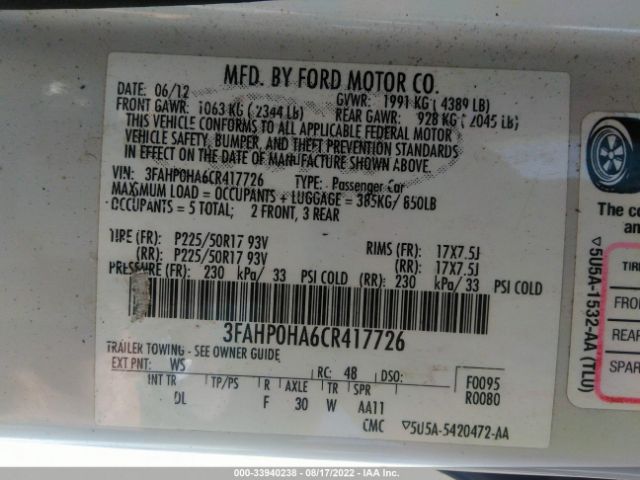 Photo 8 VIN: 3FAHP0HA6CR417726 - FORD FUSION 