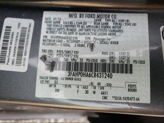 Photo 9 VIN: 3FAHP0HA6CR431240 - FORD FUSION SE 