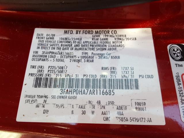 Photo 9 VIN: 3FAHP0HA7AR116685 - FORD FUSION SE 