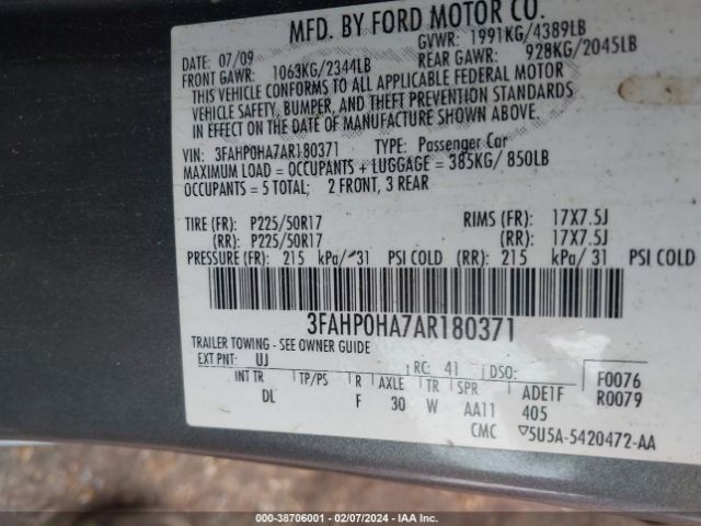 Photo 8 VIN: 3FAHP0HA7AR180371 - FORD FUSION 