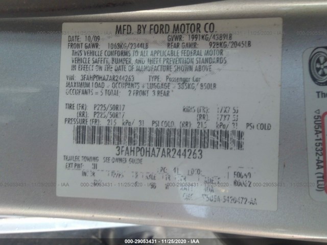 Photo 8 VIN: 3FAHP0HA7AR244263 - FORD FUSION 