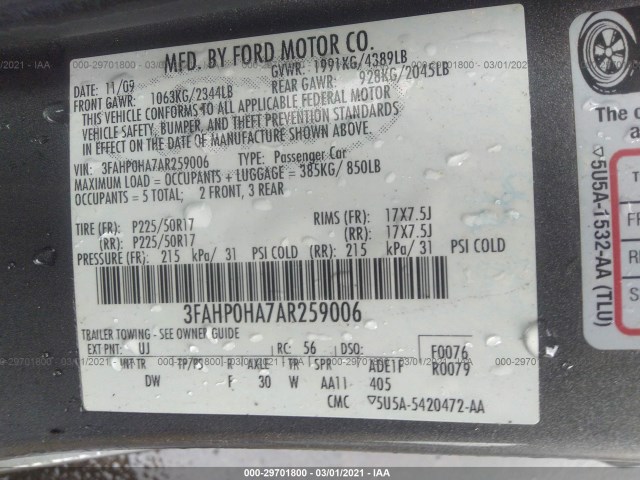 Photo 8 VIN: 3FAHP0HA7AR259006 - FORD FUSION 