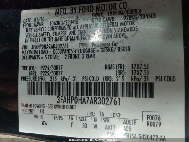 Photo 8 VIN: 3FAHP0HA7AR302761 - FORD FUSION 