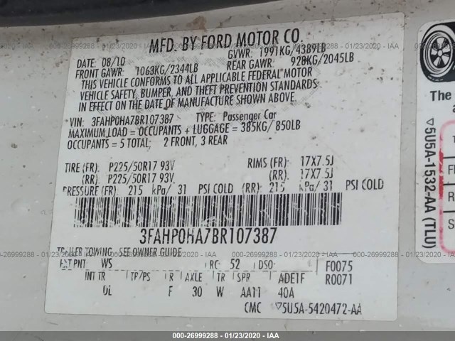 Photo 8 VIN: 3FAHP0HA7BR107387 - FORD FUSION 