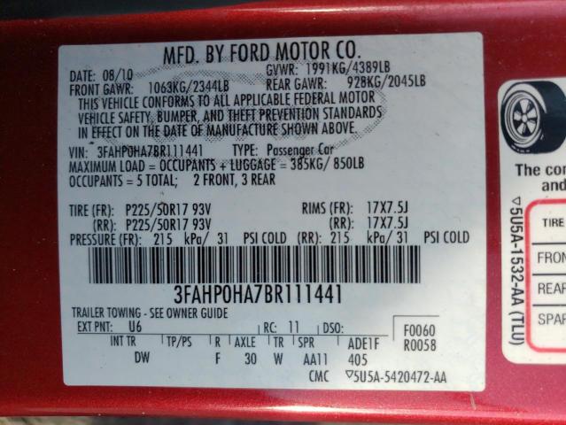 Photo 11 VIN: 3FAHP0HA7BR111441 - FORD FUSION SE 