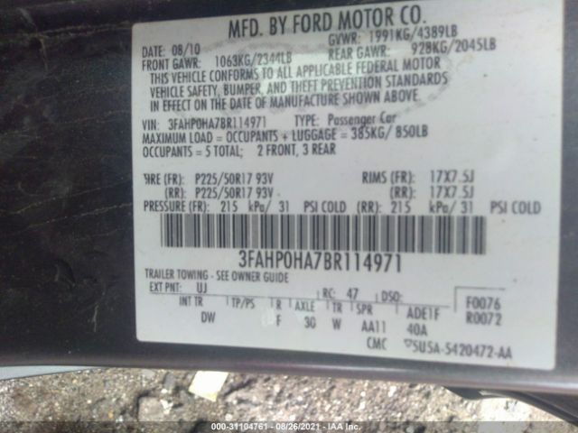 Photo 8 VIN: 3FAHP0HA7BR114971 - FORD FUSION 