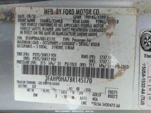 Photo 8 VIN: 3FAHP0HA7BR145170 - FORD FUSION 