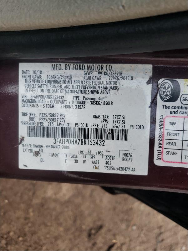 Photo 9 VIN: 3FAHP0HA7BR153432 - FORD FUSION SE 