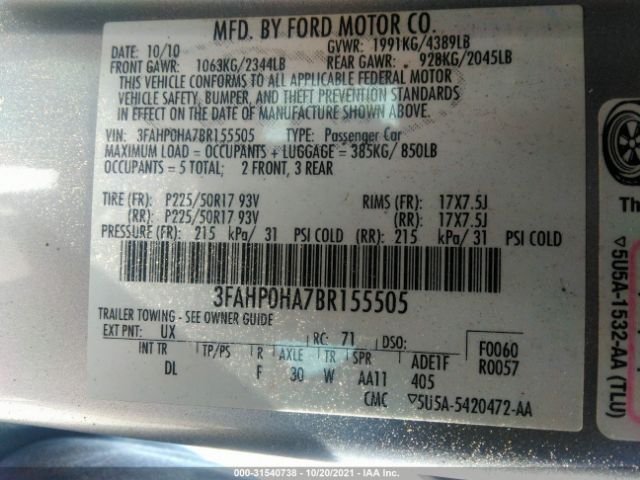 Photo 8 VIN: 3FAHP0HA7BR155505 - FORD FUSION 