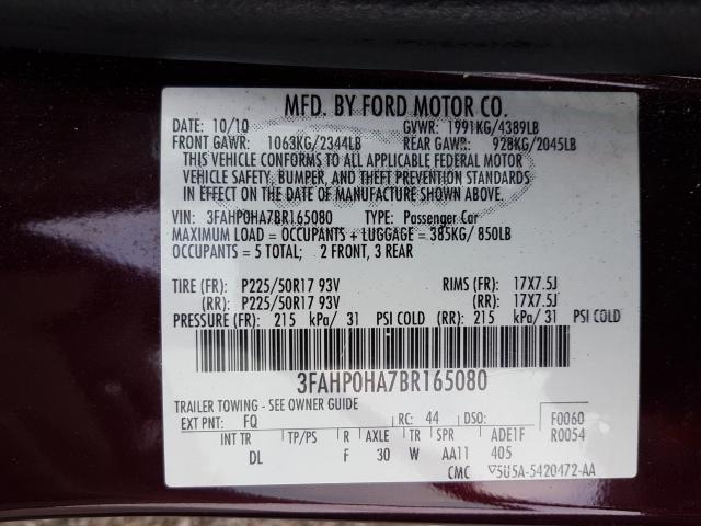 Photo 9 VIN: 3FAHP0HA7BR165080 - FORD FUSION SE 