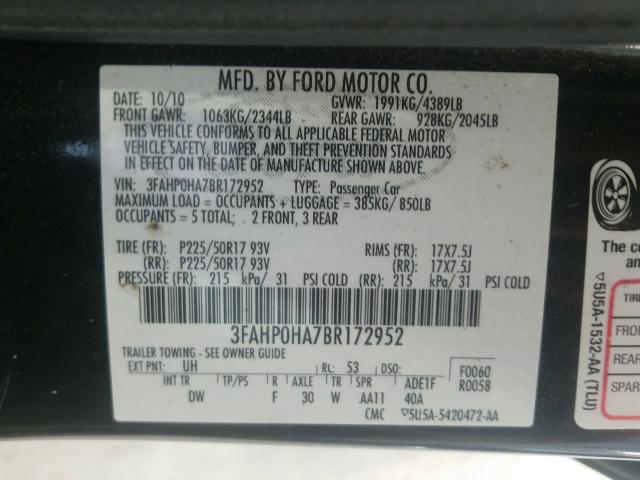 Photo 9 VIN: 3FAHP0HA7BR172952 - FORD FUSION SE 