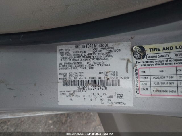 Photo 8 VIN: 3FAHP0HA7BR174670 - FORD FUSION 