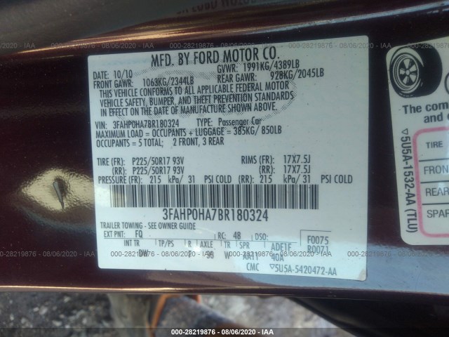 Photo 8 VIN: 3FAHP0HA7BR180324 - FORD FUSION 