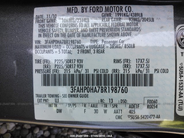 Photo 8 VIN: 3FAHP0HA7BR198760 - FORD FUSION 