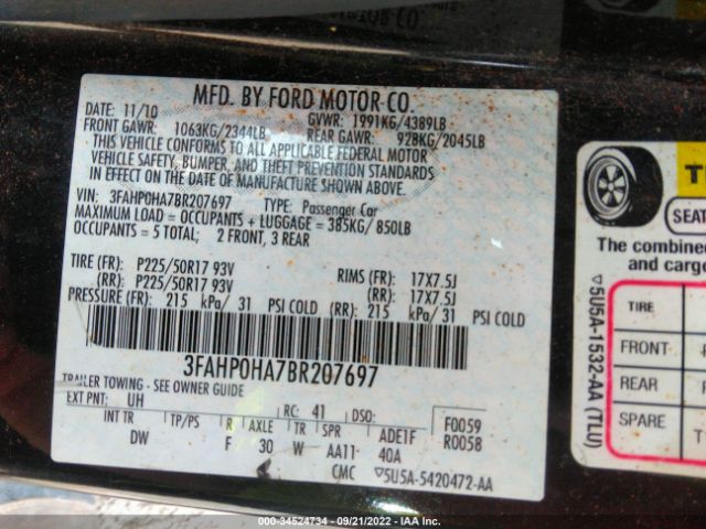 Photo 8 VIN: 3FAHP0HA7BR207697 - FORD FUSION 