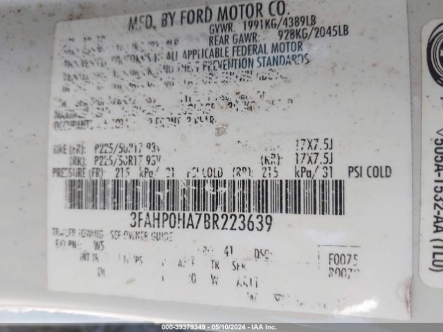 Photo 8 VIN: 3FAHP0HA7BR223639 - FORD FUSION 