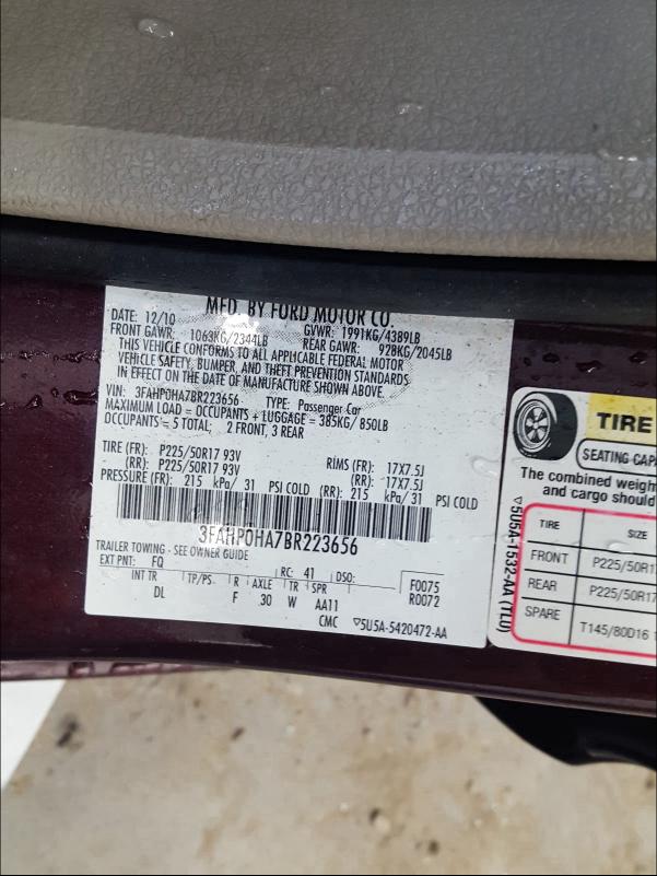 Photo 9 VIN: 3FAHP0HA7BR223656 - FORD FUSION SE 