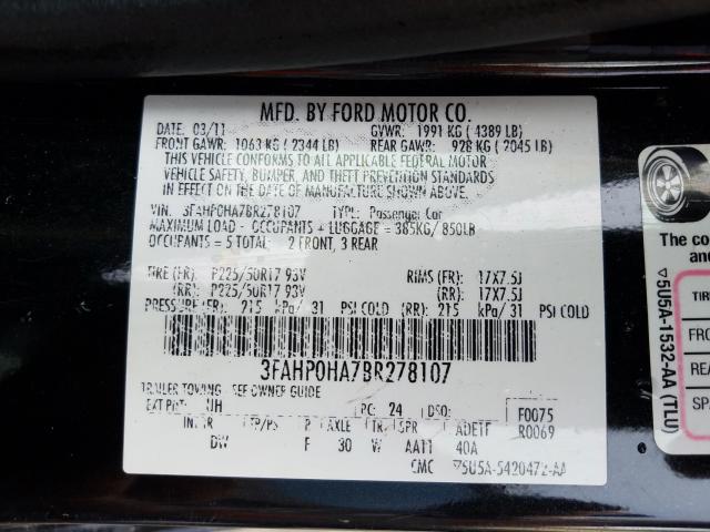 Photo 9 VIN: 3FAHP0HA7BR278107 - FORD FUSION SE 